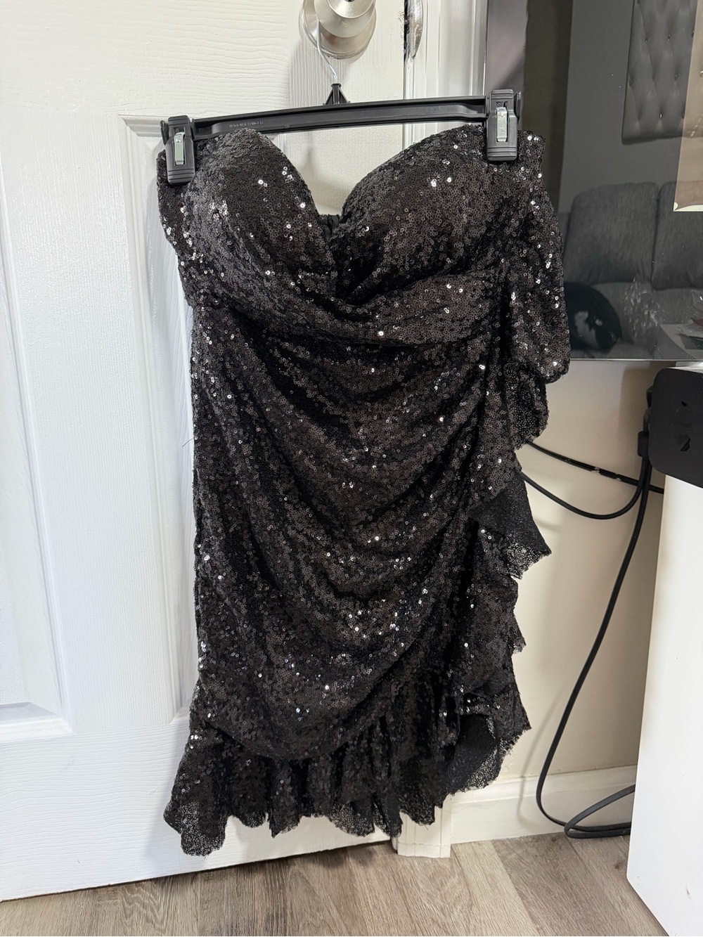 Strapless Black Sequin Ruched Party Dress